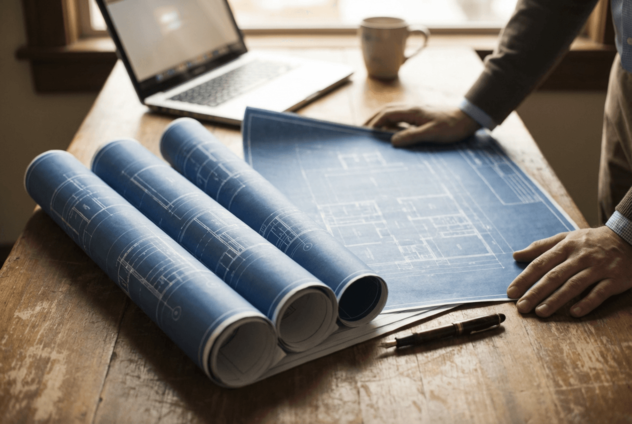 Blue blueprints on desk
